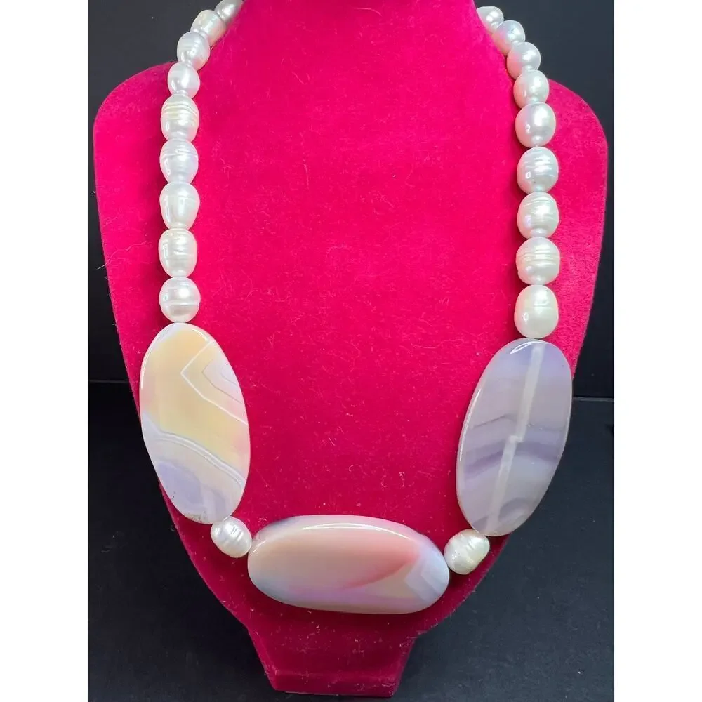 NEW freshwater pearl and agate necklace with sterling silver clasp